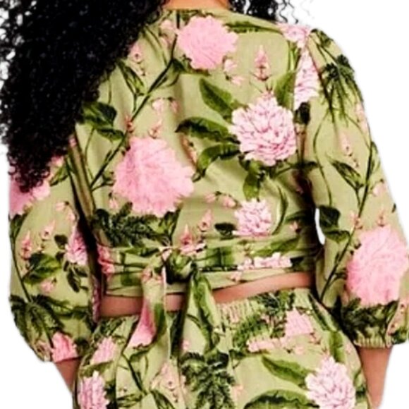 Agua Bendita Peony Print Linen-Blend Tie Wrap Crop Top Green Pink M Floral Wrap - Picture 2 of 10